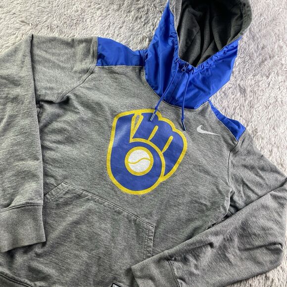 Milwaukee Brewers Sweatshirt Mens Medium Gray Blue Yellow White Hoodie Pullover